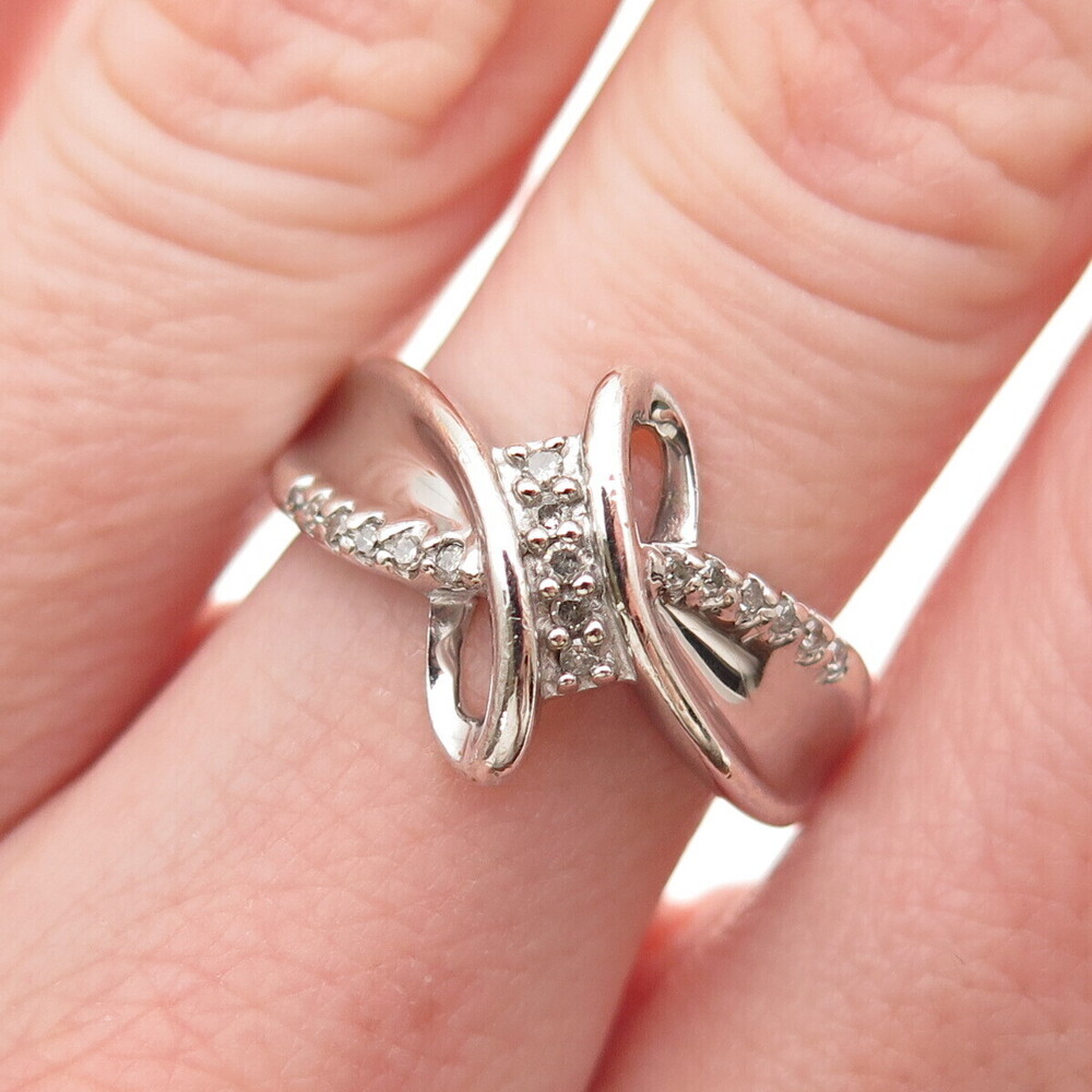 SUN 925 Sterling Silver Real Round-Cut Diamond Bypass Ring Size 6.75